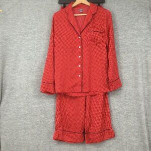 Aerie Satin Pajama Set Small Red Polka Dot Button Shirt Smock Waist Sleep